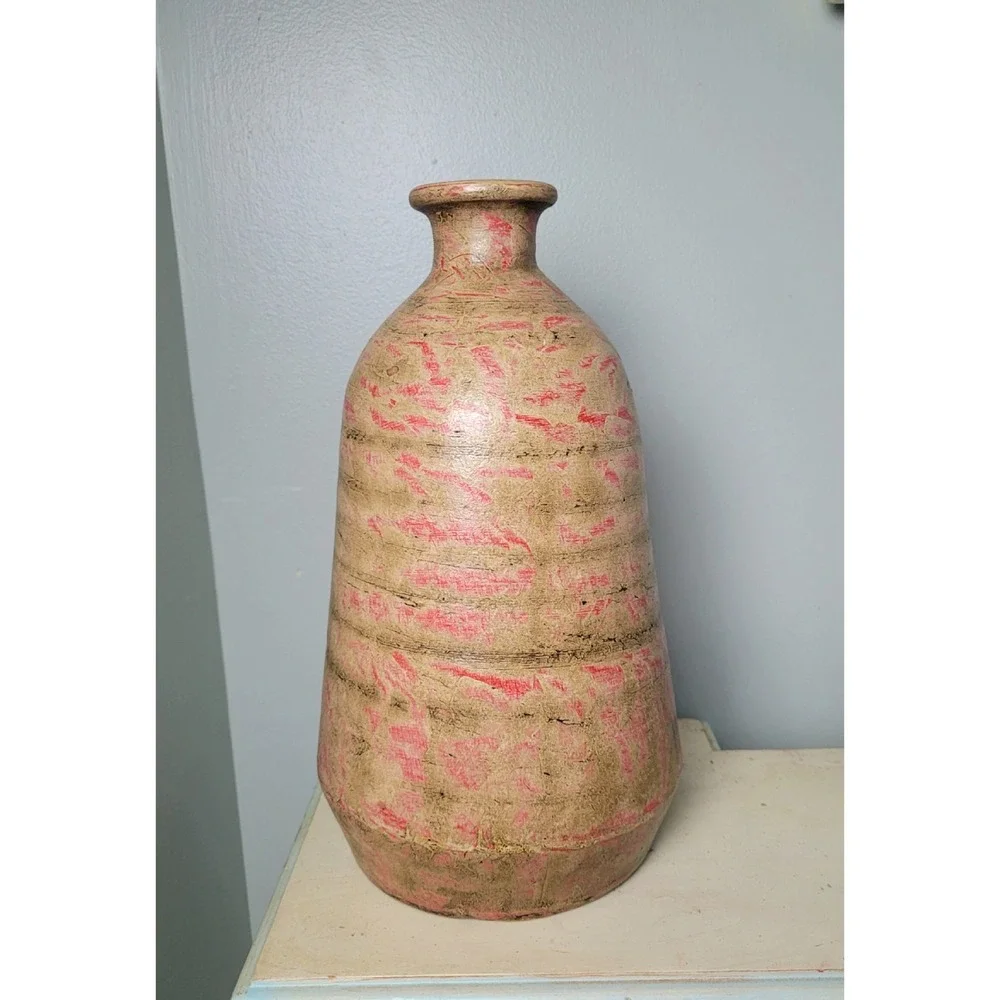 Vintage‎ Mexican Terracotta Vase Pink Tan Distressed Rustic Pottery 12 Inch